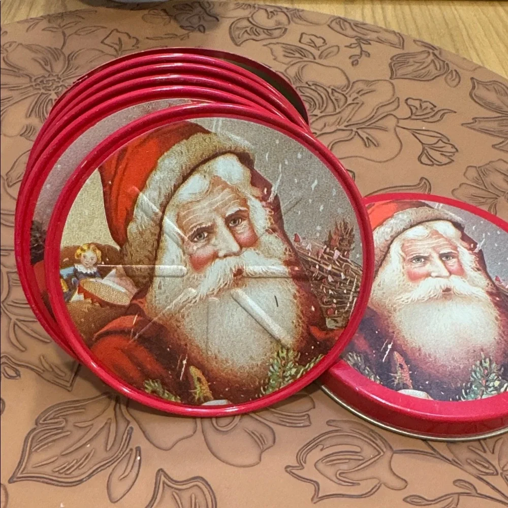 Vtg Tin Santa Claus Coasters, Christmas Lidded 5/ Container ~Holiday Round 3.5”